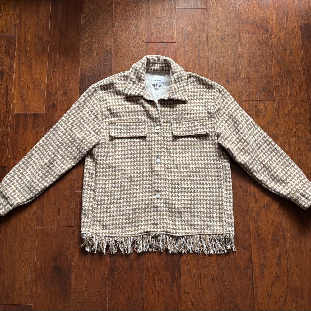 Shero Oversized Houndstooth Fringe Shacket Tan White | Oversized S - Picture 10 of 11